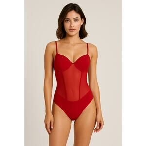 Popilush Crisscross Back Illusion Mesh Sculpting Bodysuit Red Size - Small